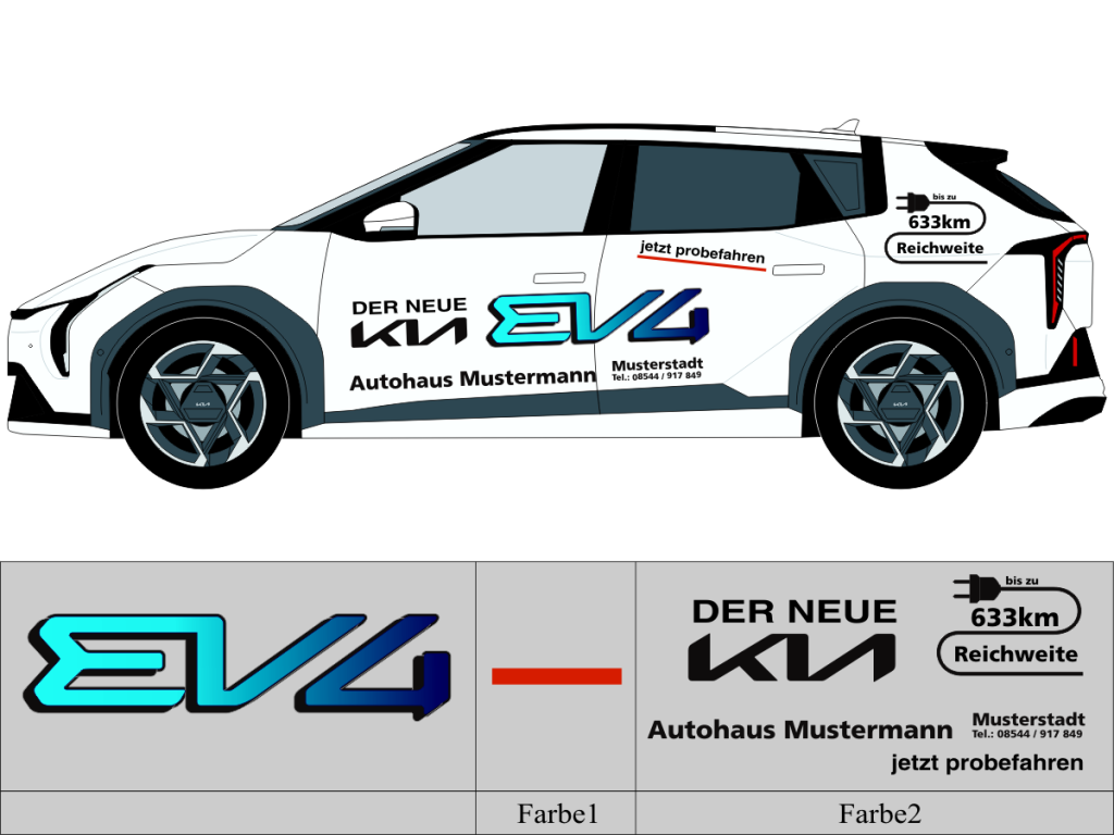 Beschriftungsvorschlag für KIA EV 4 Nr 3272 mit gedruckten Modellschriftzug und geplotteten Elementen