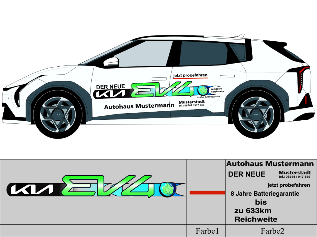 Beschriftungsvorschlag für KIA EV 4 Nr 3276 mit gedruckten Modellschriftzug und geplotteten Elementen