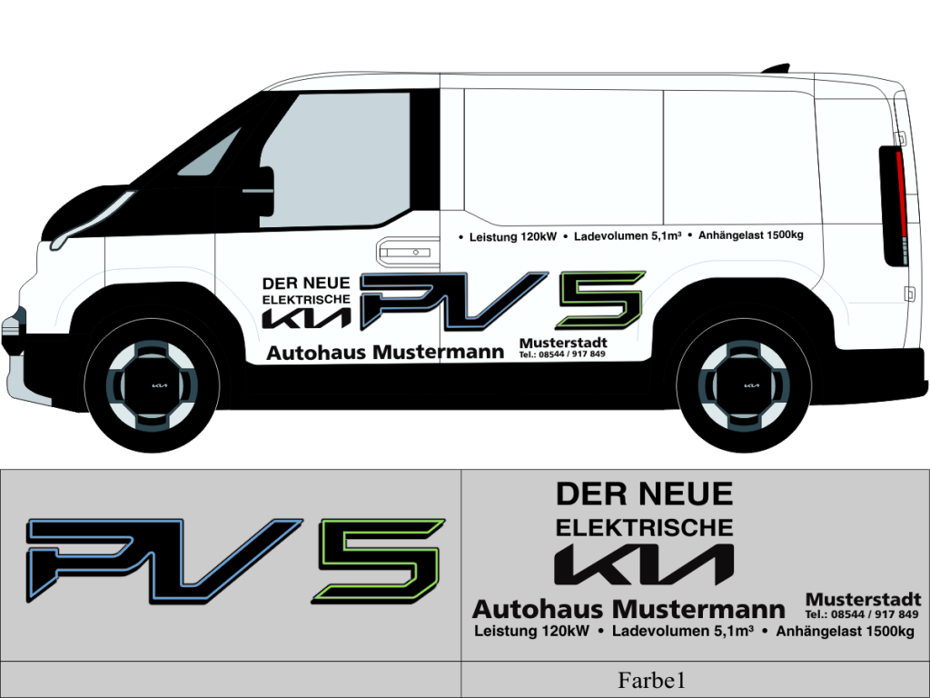 Beschriftungsvorschlag Nr 3284 für KIA PV 5 ,einfarbig geplotteter Text mit mehrfarbig gedruckter Modellbezeichnung 